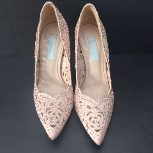 Betsey Johnson Emili Ladies Size 7M Rose Gold Stilettos w/Rhinestones & Cut Outs - Picture 3 of 8